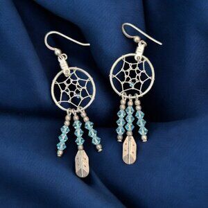 silver dreamcatcher dangle earrings w/ blue beads